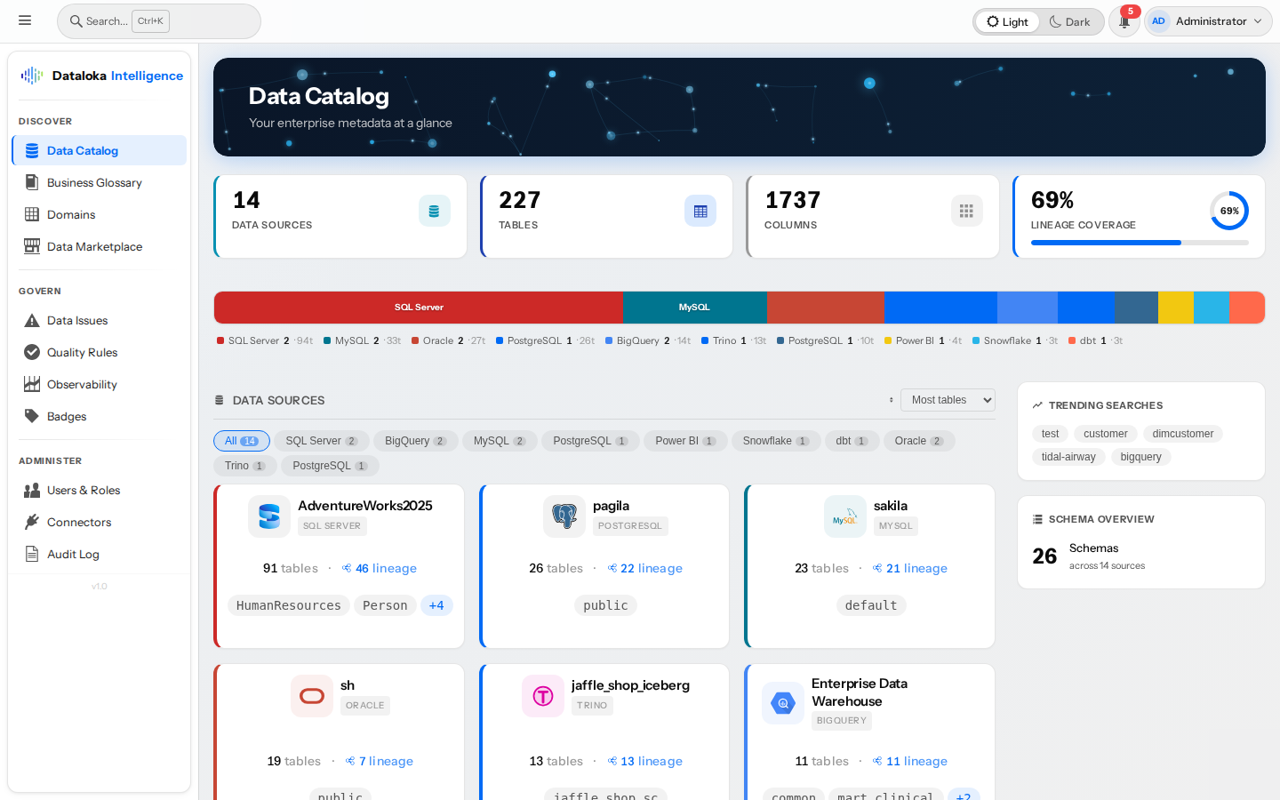 Dataloka Intelligence Light Mode — Data Catalog Dashboard