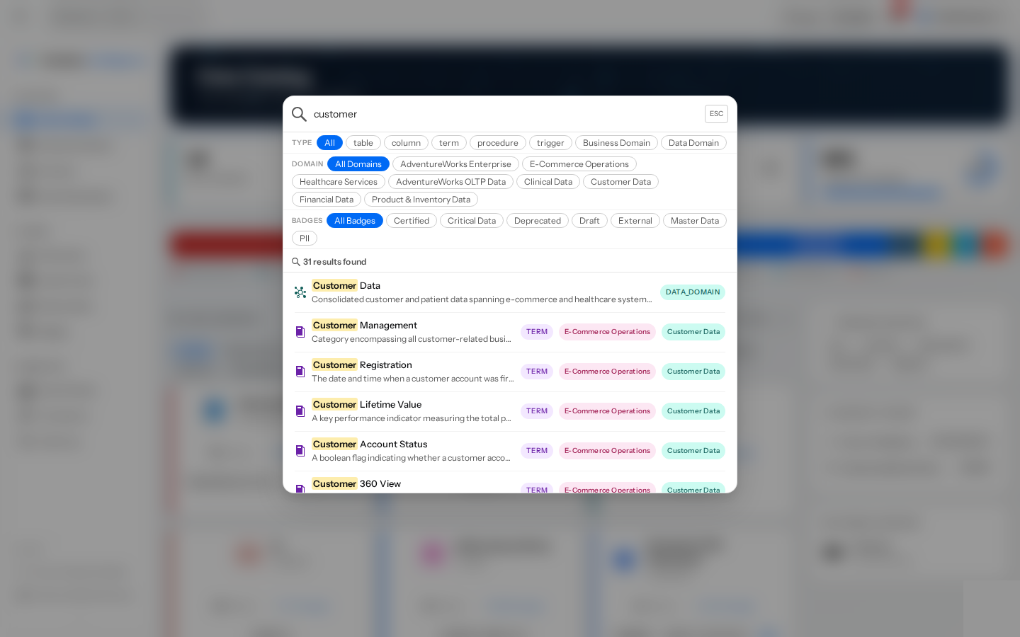Global Search — find tables, columns, terms, and domains instantly